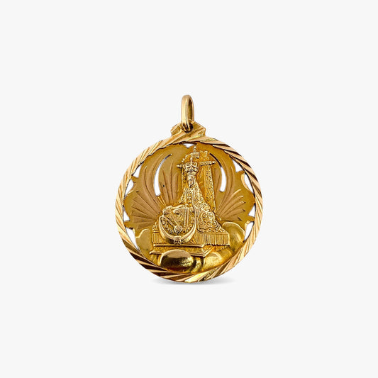 Colgante medalla realizado en oro amarillo de 18kt con grabado de el corazón de Jesús y de la virgen de las angustias. Joyas religiosas de oro al mejor precio.