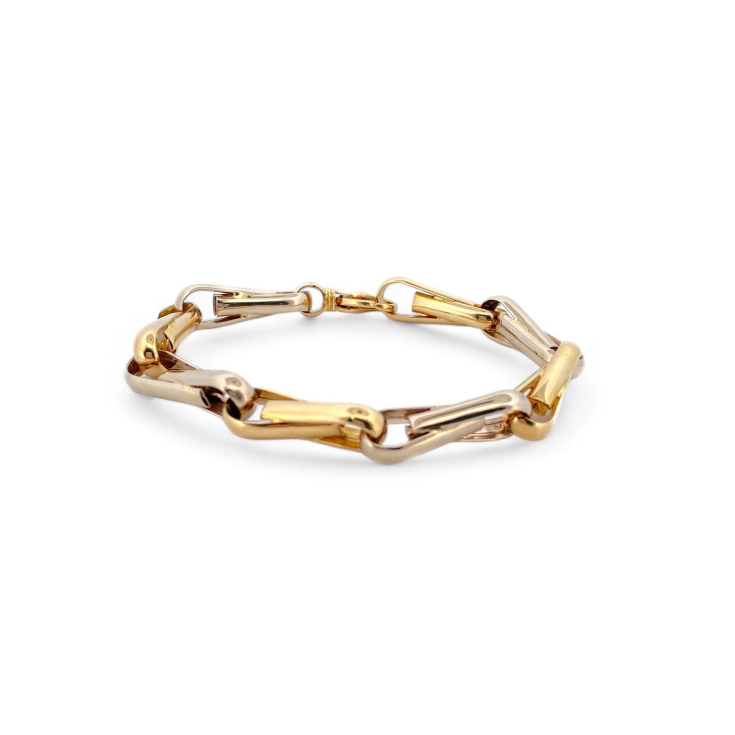 Pulsera de eslabones bicolor en oro blanco y amarillo de 18Kt de 19cm de largo y cierre tipo mosquetón. Pulseras de oro baratas Barcelona. Joyería Ian'Or.