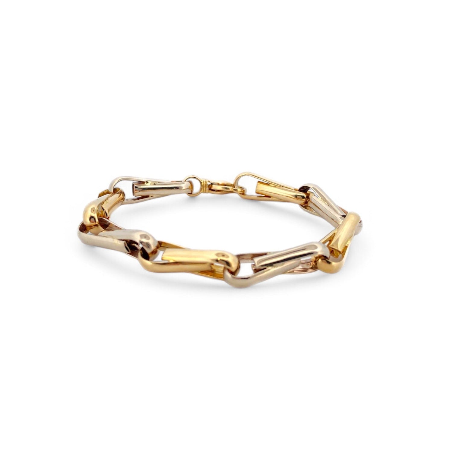 Pulsera de eslabones bicolor en oro blanco y amarillo de 18Kt de 19cm de largo y cierre tipo mosquetón. Pulseras de oro baratas Barcelona. Joyería Ian'Or.