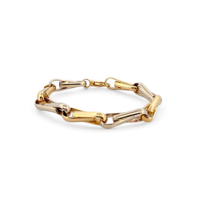 Pulsera de eslabones bicolor en oro blanco y amarillo de 18Kt de 19cm de largo y cierre tipo mosquetón. Pulseras de oro baratas Barcelona. Joyería Ian'Or.