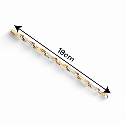 Pulsera de eslabones bicolor en oro blanco y amarillo de 18Kt de 19cm de largo y cierre tipo mosquetón. Pulseras de oro baratas Barcelona. Joyería Ian'Or.