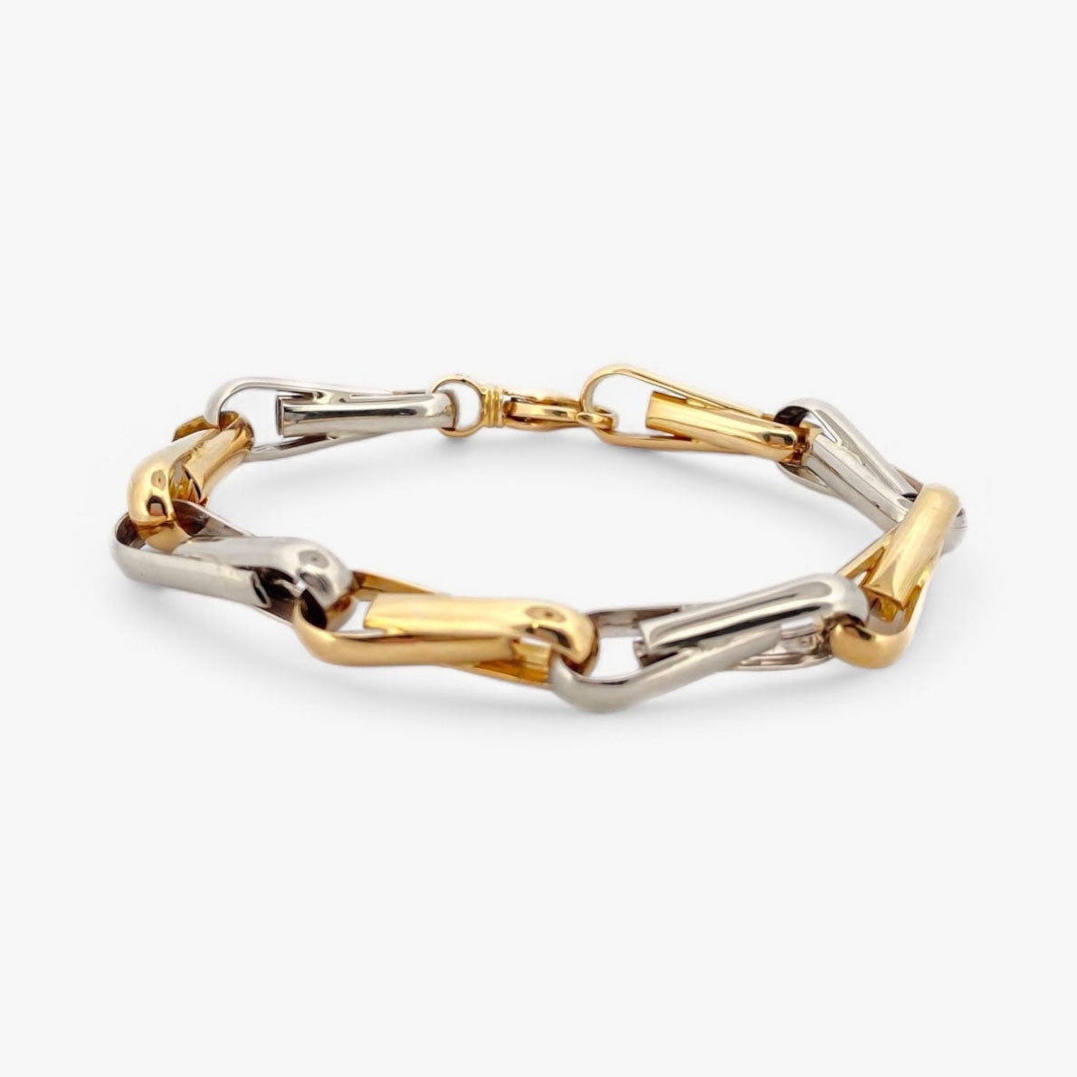 Comprar pulsera de eslabones bicolor en oro blanco y amarillo de 18Kt de 19cm de largo y cierre tipo mosquetón. Pulseras de oro baratas Barcelona. Joyería Ian'Or.