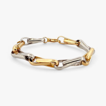 Comprar pulsera de eslabones bicolor en oro blanco y amarillo de 18Kt de 19cm de largo y cierre tipo mosquetón. Pulseras de oro baratas Barcelona. Joyería Ian'Or.