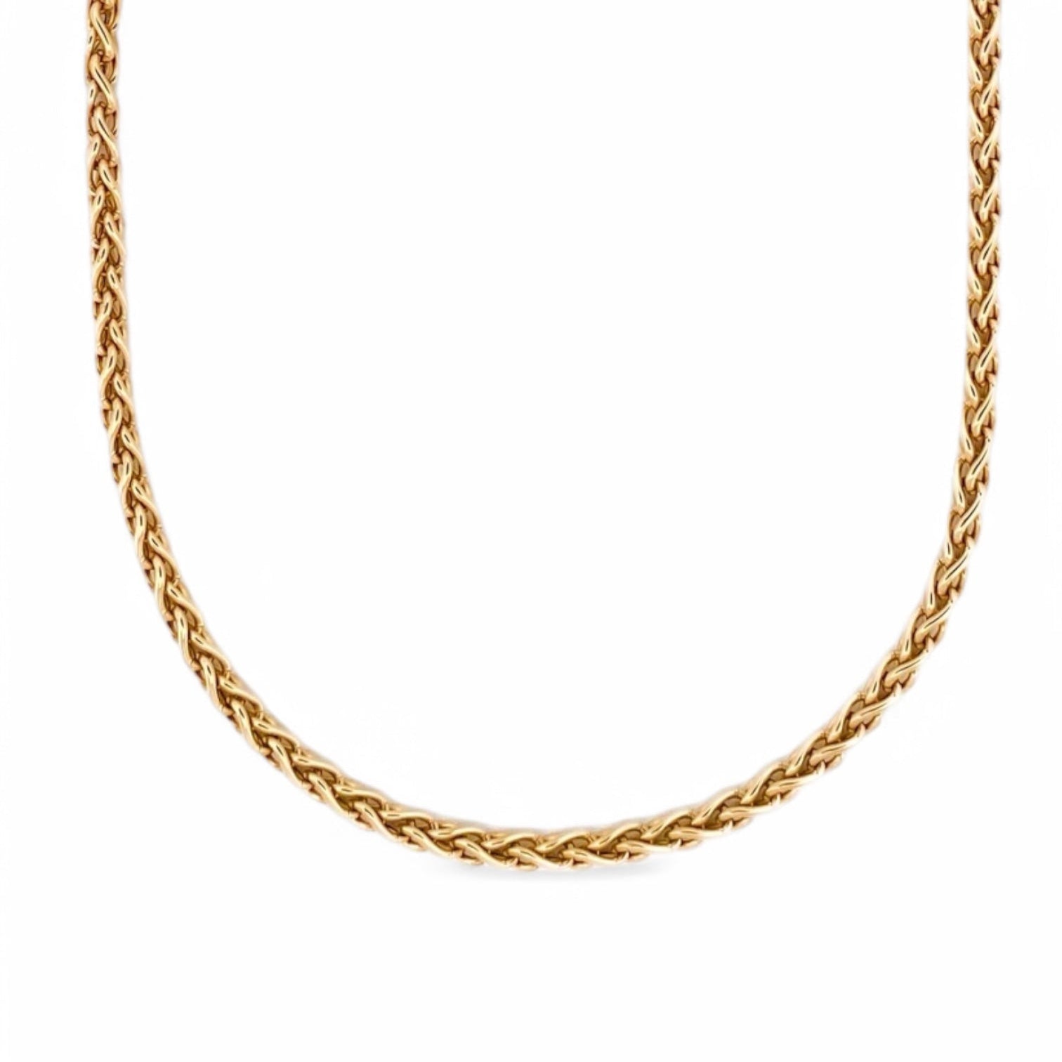 Cadena de oro amarillo de 18kt de cordón con eslabones palmera. La cadena mide 52,4cm de largo y 3,9mm de grosor y dispone de un cierre tipo mosquetón. Cadenas oro baratas