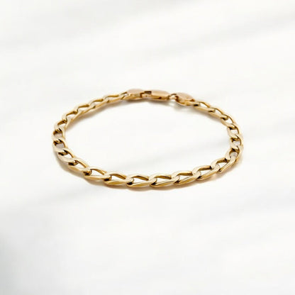 Pulsera de cadena bilbaína en oro amarillo de 18Kt de 19,5cm de largo con eslabones alargado cierre tipo mosquetón.. Pulseras de oro de hombre baratas Barcelona.