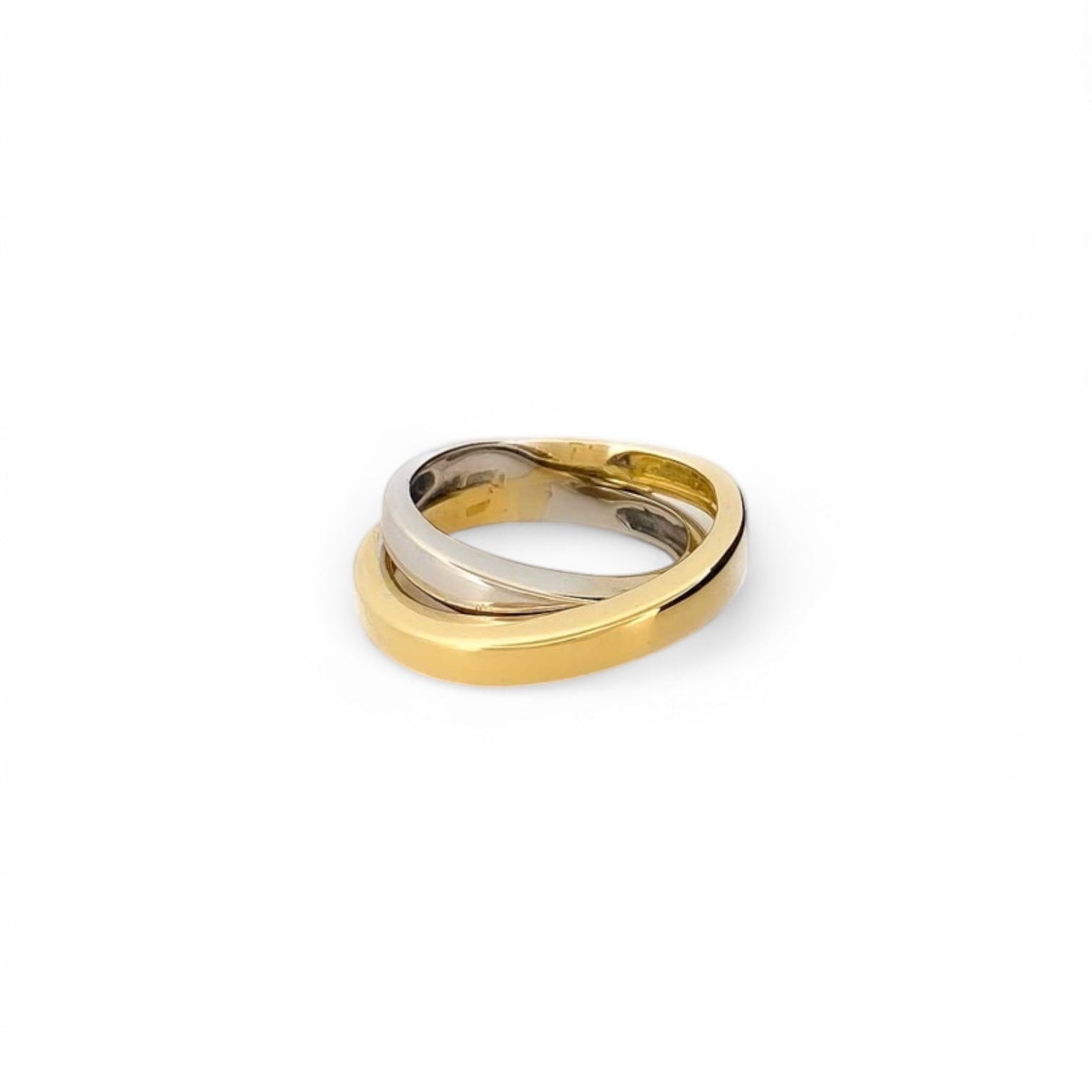 Comprar sortija lisa cruzada realizada en oro amarillo y oro blanco de 18kt. Joyas de segunda mano. Joyas restauradas. Joyería Ian'Or. Envío gratis.