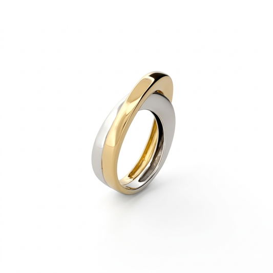 Comprar sortija lisa cruzada realizada en oro amarillo y oro blanco de 18kt. Joyas de segunda mano. Joyas restauradas. Joyería Ian'Or. Envío gratis.