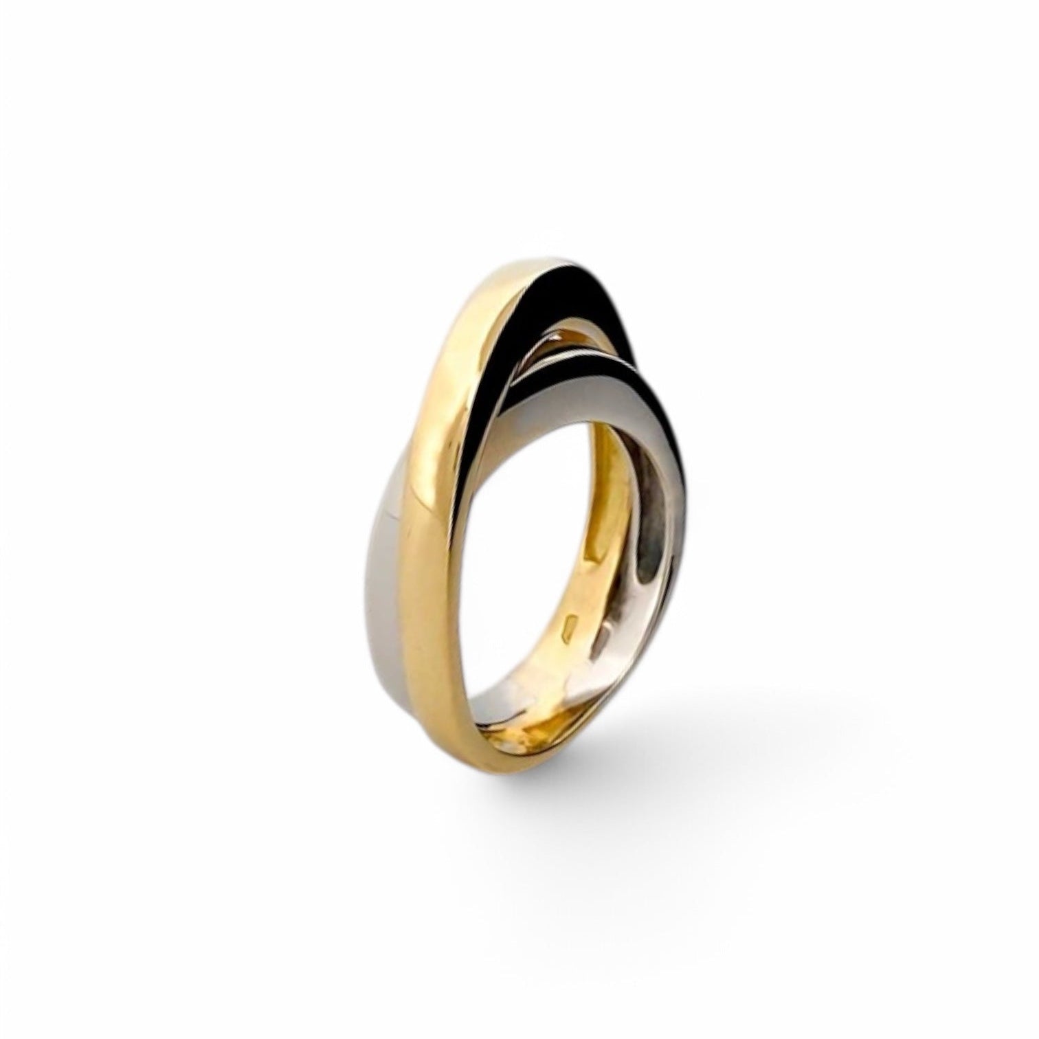 Comprar sortija lisa cruzada realizada en oro amarillo y oro blanco de 18kt. Joyas de segunda mano. Joyas restauradas. Joyería Ian'Or. Envío gratis.