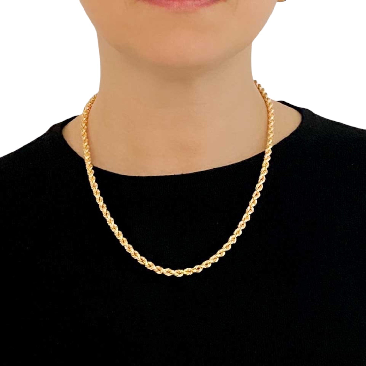 Cadena de oro amarillo de 18kt de cordón salomónico. La cadena mide 51cm de largo y dispone de un cierre cajón. Cadenas baratas de oro amarillo de 18kt baratas.