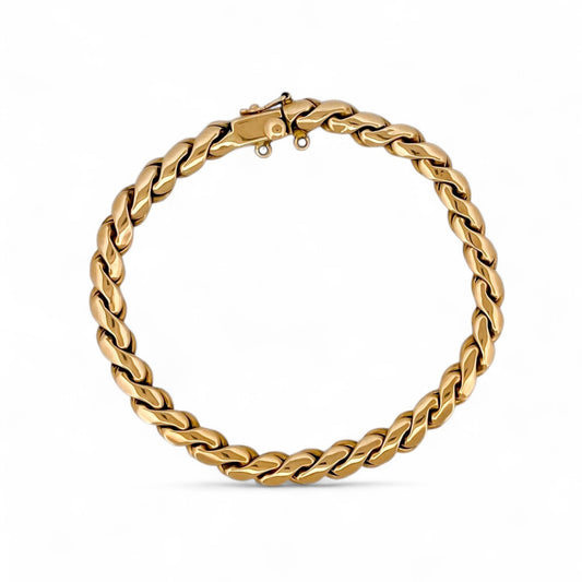 Comprar pulsera Pulsera semirrígida realizada en oro amarillo de 18kt. Esta pulsera dispone de cierre tipo mosquetón. Joyas segunda mano en Barcelona. Ian'Or.