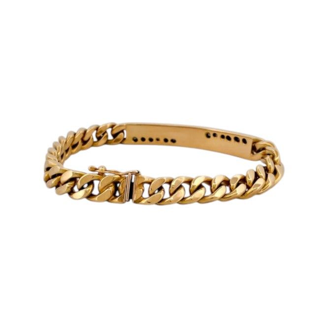 Comprar pulsera oro amarillo de 18kt con cadena tipo cubana y una placa central con diamantes. Joyas al mejor precio en Barcelona. Ian'Or.