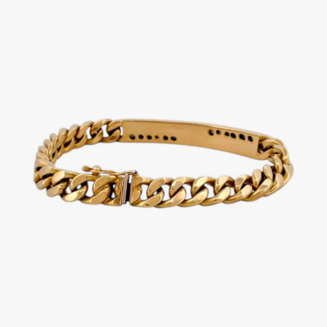 Comprar pulsera oro amarillo de 18kt con cadena tipo cubana y una placa central con diamantes. Joyas al mejor precio en Barcelona. Ian'Or.