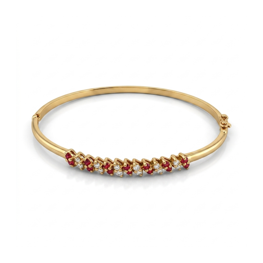 Comprar pulsera esclava realizada en oro amarillo de 18kt con diamantes y rubíes. Cierre de cajón con un brazo de seguridad. Joyas restauradas. Joyería Ian'Or.