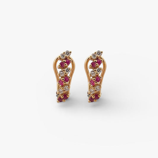 Comprar Pendientes de oro amarillo de 18kt con pavé de diamantes y rubíes intercalados en cada pendiente. Cierre omega.Joyas de segunda mano. Joyas restauradas. Envío gratis.