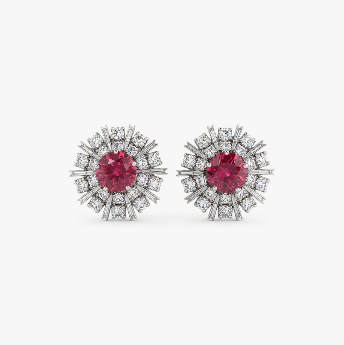 Comprar pendientes realizados en oro blanco de 18kt con diamantes talla brillante y rubí central. Cierre tipo Omega. Joyería Ian'Or. Envío GRATIS.
