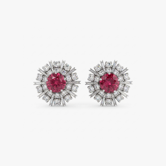 Comprar pendientes realizados en oro blanco de 18kt con diamantes talla brillante y rubí central. Cierre tipo Omega. Joyería Ian'Or. Envío GRATIS.
