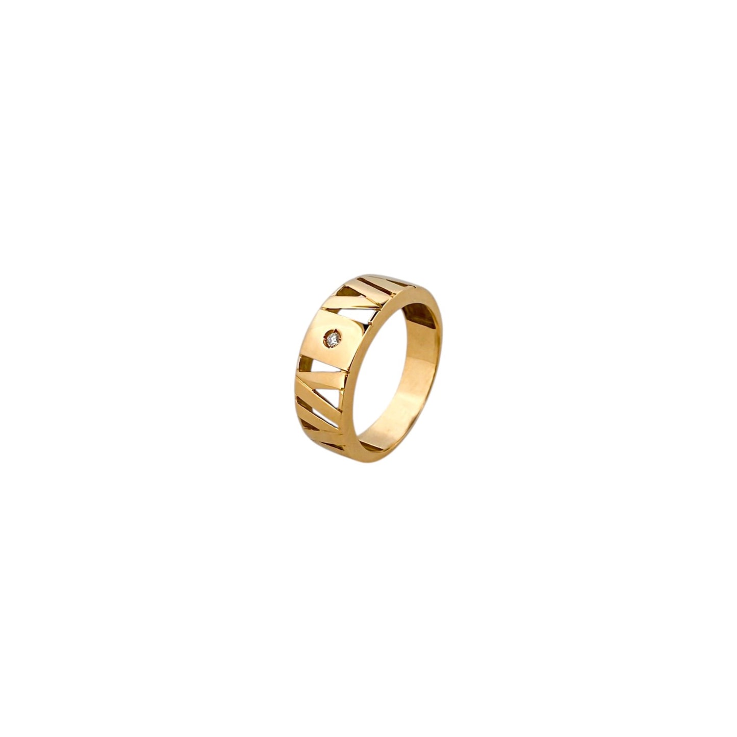 Comprar anillo calado realizado en oro amarillo de 18kt con un diamante talla brillante en la parte central. Joyas segunda mano. Joyería Ian'Or. Envío gratis.