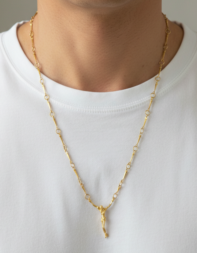 Comprar collar cadena Cristo de Dalí realizada en oro amarillo de 18kt y cierre desplegable.Regalo ideal para persona católica. Joyería Ian'Or.