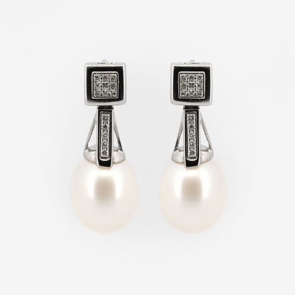 Pendientes semilargos oro blanco diamantes y perlas - 28879C