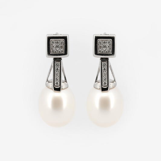 Pendientes semilargos oro blanco diamantes y perlas - 28879C