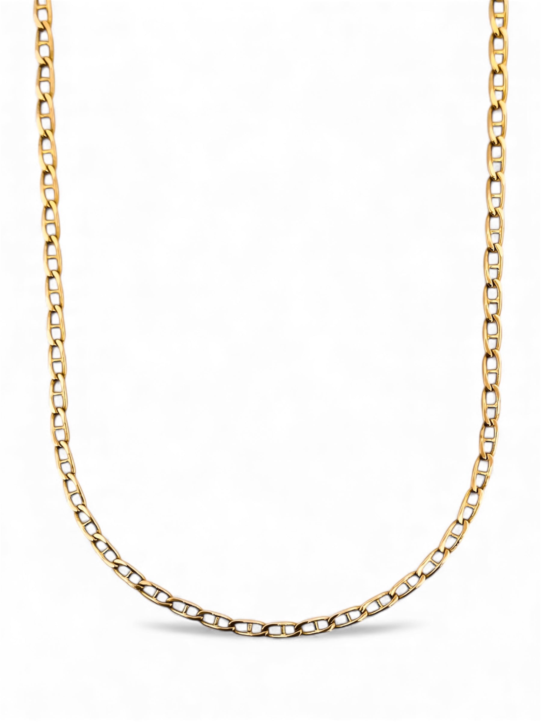 Comprar cadena de eslabones banana barra en oro amarillo de 18kt y cierre tipo mosquetón. Venta de cadenas y collares baratos. Envío gratis. Joyas restauradas.