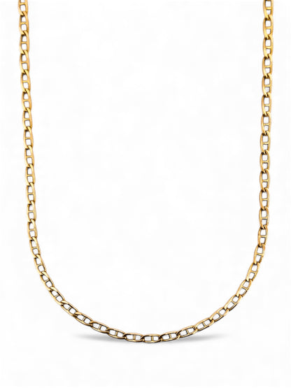 Comprar cadena de eslabones banana barra en oro amarillo de 18kt y cierre tipo mosquetón. Venta de cadenas y collares baratos. Envío gratis. Joyas restauradas.