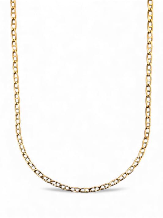 Comprar cadena de eslabones banana barra en oro amarillo de 18kt y cierre tipo mosquetón. Venta de cadenas y collares baratos. Envío gratis. Joyas restauradas.