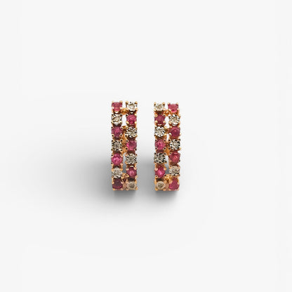 Comprar pendientes de oro amarillo de 18kt con 7 diamantes y 7 rubíes en cada pendiente. Cierre omega.Joyas de segunda mano. Joyas restauradas. Envío gratis.
