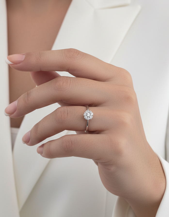 Solitario realizado en oro blanco de 18kt y flor de 7 brillantes. Joyas de segunda mano baratas. Joyería Ian'Or. Envío gratis.