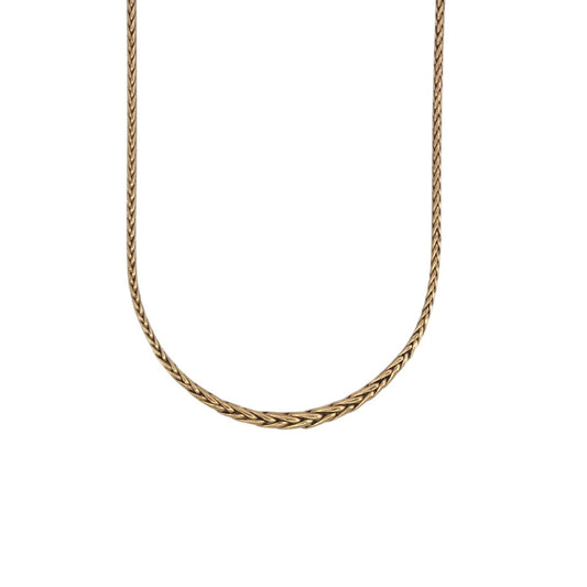 Comprar collar de oro amarillo de 18kt con cadena tipo espiga. Dispone de un cierre tipo mosquetón. La cadena mide 45cm largo y con un grosor de 5,02mm en la parte central y 2,90mm en el resto de la cadena.Joyería Ian'or, dónde comprar y vender oro al mejor precio en Barcelona. Joyas de segunda mano y restauradas en Barcelona.