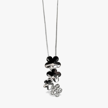 Cadena veneciana de oro blanco de 18kt con cierre y colgante de 4 flores de oro blanco con flor de diamantes. Pieza certificada y envío gratuito