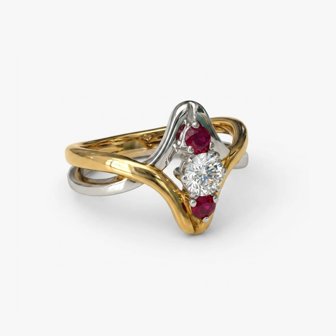 Comprar Sortija bicolor lisa de oro blanco y amarillo de 18kt con un diamante central y 1 rubí una abajo y otro arriba del diamante. Joyas segunda mano restauradas baratas en Barcelona. Envío gratis.
