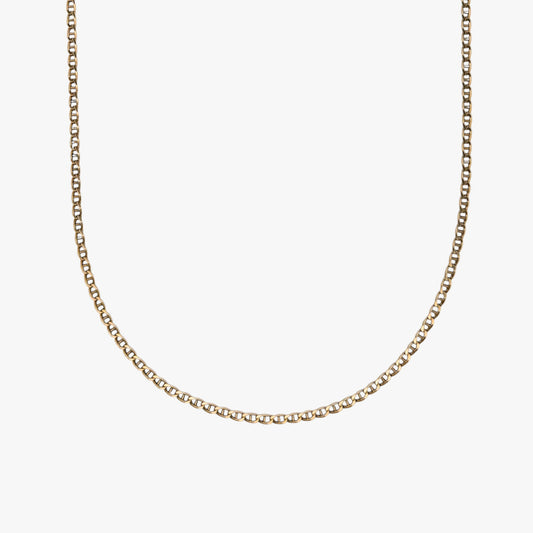 Comprar cadena de eslabones banana barra en oro amarillo de 18kt y cierre tipo mosquetón.Venta de cadenas y collares baratos. Envío gratis. Joyas restauradas.