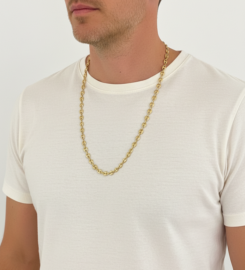 Collar de oro amarillo de 18kt de cadena de calabrote o grano de café. La cadena mide 60,5cm de largo y tiene un grosor de 6,5mm. Cadenas calabrote baratas

