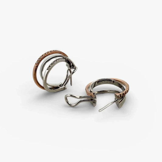 Comprar pendientes de aro triples realizados en oro blanco y oro rosa de 18kt con diamantes talla brillante. Joyas de segunda mano. Envío gratis. Ian'Or.