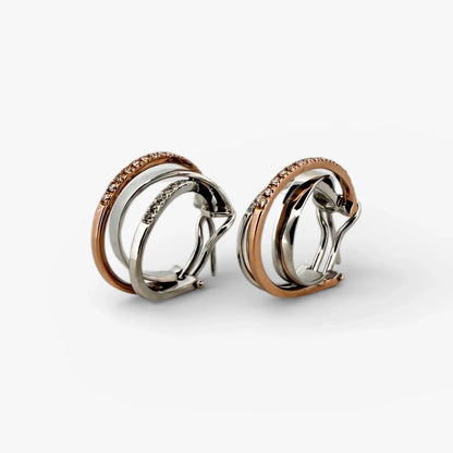 Comprar pendientes de aro triples realizados en oro blanco y oro rosa de 18kt con diamantes talla brillante. Joyas de segunda mano. Envío gratis. Ian'Or.