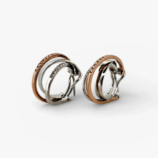 Comprar pendientes de aro triples realizados en oro blanco y oro rosa de 18kt con diamantes talla brillante. Joyas de segunda mano. Envío gratis. Ian'Or.