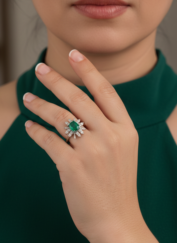 29986C - Sortija oro blanco con rosetón de esmeralda y brillantes