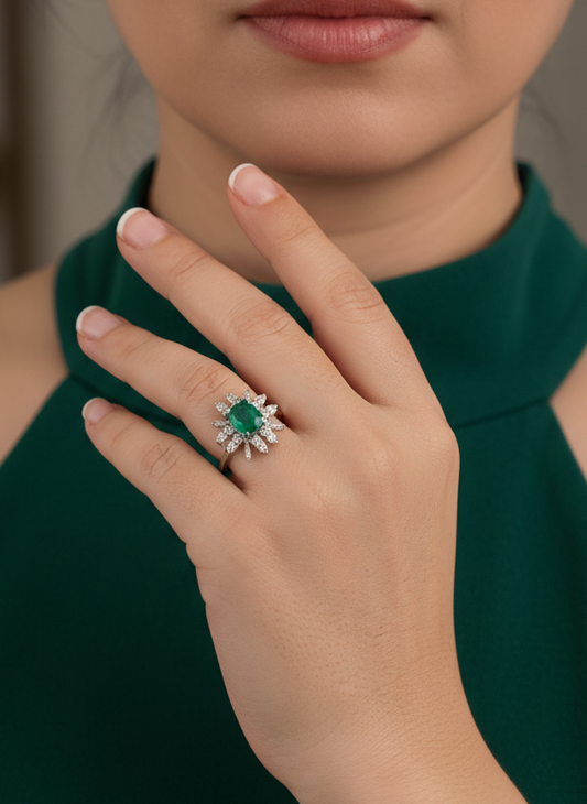 29986C - Sortija oro blanco con rosetón de esmeralda y brillantes