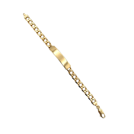 Comprar pulsera oro de 18kt con cadena tipo cubana y con una placa situada en el centro que lo convierte en un no me olvides sofisticado. Esta pulsera dispone de cierre tipo mosquetón. Joyas segunda mano. Joyería Ian'Or. Envío gratis.