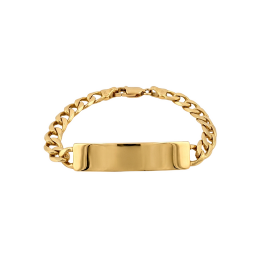 Comprar pulsera oro de 18kt con cadena tipo cubana y con una placa situada en el centro que lo convierte en un no me olvides sofisticado. Esta pulsera dispone de cierre tipo mosquetón. Joyas segunda mano. Joyería Ian'Or. Envío gratis.