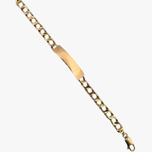 Comprar pulsera oro de 18kt con cadena tipo cubana y con una placa situada en el centro que lo convierte en un no me olvides sofisticado. Esta pulsera dispone de cierre tipo mosquetón. Joyas segunda mano. Joyería Ian'Or. Envío gratis.