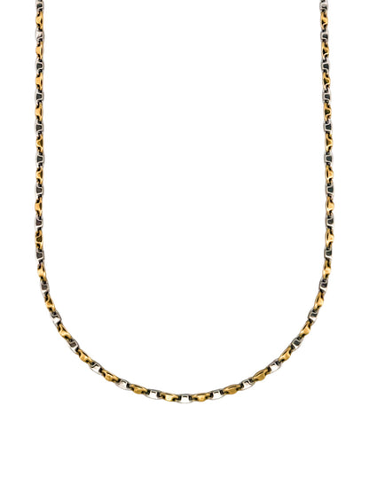 Cadena de oro blanco y amarillo alterno de 18kt con cadena diseño adige y cierre tipo mosquetón. 60cm
