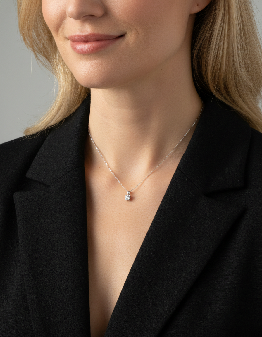 Colgante tipo solitario realizado en oro blanco de 18kt con brillante de 0,43ct engastado en 4 grapas. Joyas de segunda mano baratas. Ian'Or.