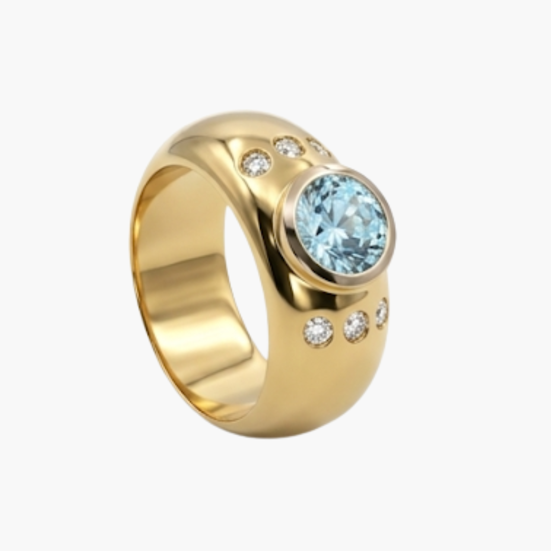 Comprar sortija de oro amarillo de 18kt con topacio central y diamantes a los lados.Joyas restauradas. Joyas de segunda mano. Joyería Ian'Or.
