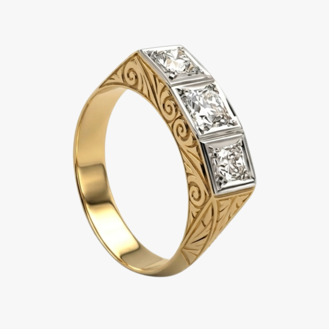 Comprar anillo sortija sello tipo tresillo en oro amarillo de 18k y vistas de platino con tres diamantes de talla antigua montados en linea.