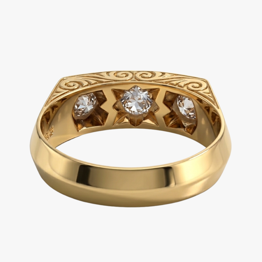 Comprar anillo sortija sello tipo tresillo en oro amarillo de 18k y vistas de platino con tres diamantes de talla antigua montados en linea.