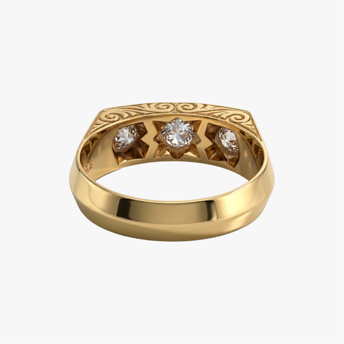Comprar anillo sortija sello tipo tresillo en oro amarillo de 18k y vistas de platino con tres diamantes de talla antigua montados en linea.