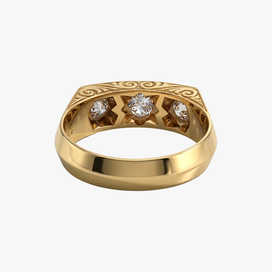 Comprar anillo sortija sello tipo tresillo en oro amarillo de 18k y vistas de platino con tres diamantes de talla antigua montados en linea.