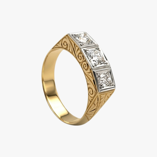 Comprar anillo sortija sello tipo tresillo en oro amarillo de 18k y vistas de platino con tres diamantes de talla antigua montados en linea.